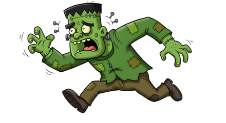 Cartoon Monster Running in Panic with Green Skin and Bolts