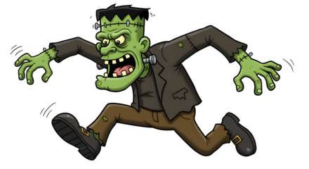 Running Cartoon Monster with Green Skin and Stitched Clothing Illustration
