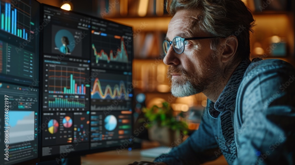 Poster business professional analyzing data insights on multiple screens for decision-making and performanc