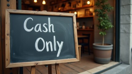 A handwritten "Cash Only" sign on a chalkboard outside a café, rustic and vintage aesthetic, placed near the entrance to inform customers