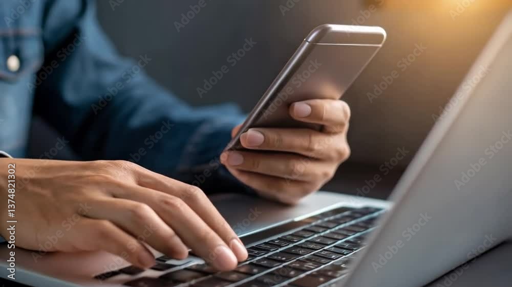 Poster person typing on laptop while holding smartphone with email notification icon overlayed on the scree