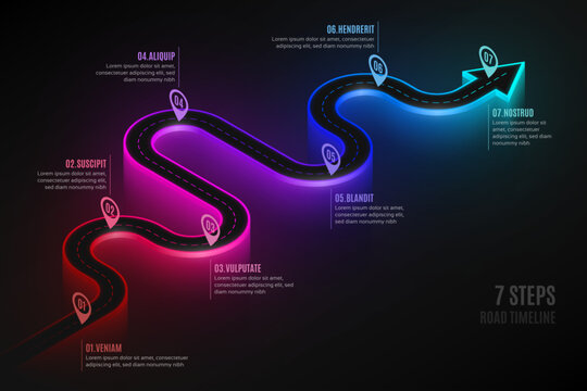 Isometric navigation map infographic 7 steps timeline concept.