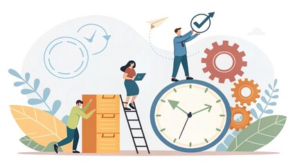 Tiny People Developing Self-Control System, Metaphor for Target and Goal Achievement in Time Management