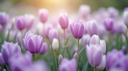 Fototapeta premium Close-up of blooming fields with purple and white flowers, soft green stems, natural light, peaceful springtime vibe.