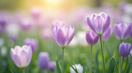 Obraz premium Close-up of blooming fields with purple and white flowers, soft green stems, natural light, peaceful springtime vibe.