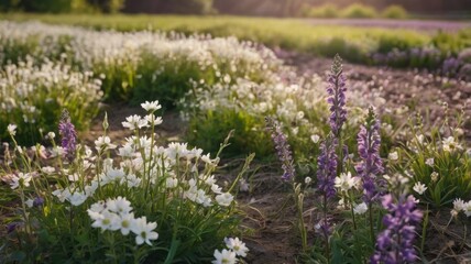 Obraz premium Close-up of blooming fields with purple and white flowers, soft green stems, natural light, peaceful springtime vibe.