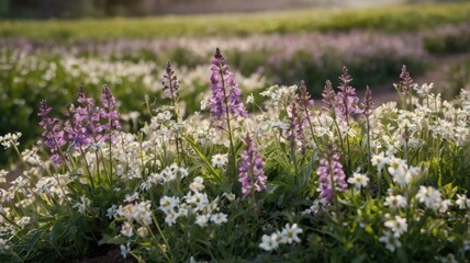 Close-up of blooming fields with purple and white flowers, soft green stems, natural light, peaceful springtime vibe.