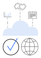 Blue cloud connects bar graph, calendar, puzzle pieces, globe, and checkmark. Ideal for data management, planning, teamwork globalization analytics decision-making networking. Flat simple