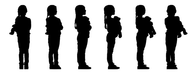 Vector concept conceptual black silhouette of a little girl holding a teddy bear from different perspectives isolated on white background. A metaphor for innocence, childhood, security and family