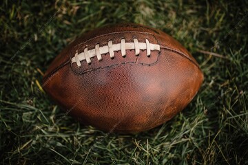 Obraz premium Close up top view of an American football on the green grass, ready for sports