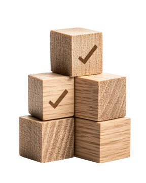 isolated transparent Background. Balanced wooden blocks with check marks symbolize success and organization