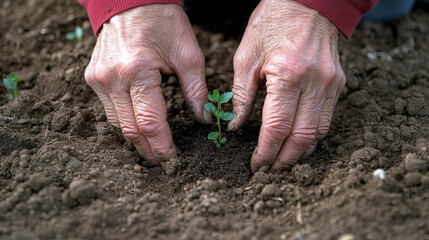 A womanâ€™s hands gently cradle a seedling growing in soil, symbolizing sustainable farming and care for new life
