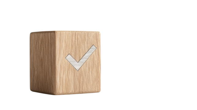 isolated transparent Background. light oak wooden block with silver check mark symbolizing approval and positivity