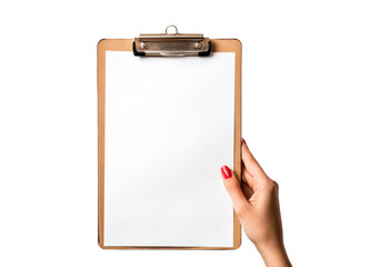 Hands holding a clipboard with blank paper isolated on transparent background