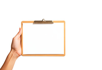Professional woman holding clipboard with blank document isolated on transparent background