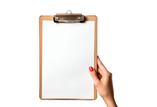 Hands holding a clipboard with blank paper isolated on transparent background