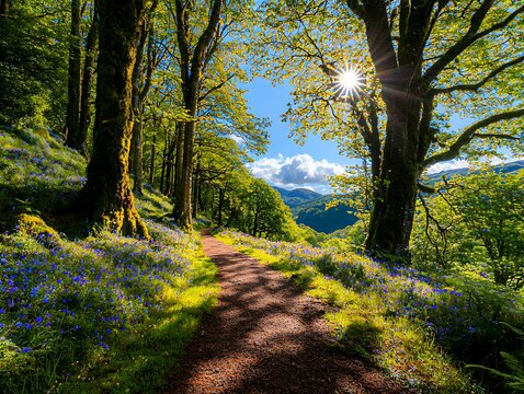 Sunlit forest path with bluebells, and hills.