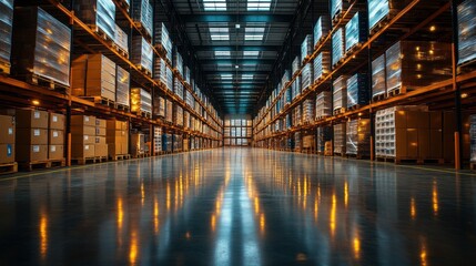 Obraz premium Large warehouse filled with neatly stacked pallets and boxes, highlighting the organized inventory storage and efficient logistics operations expected during peak distribution times.