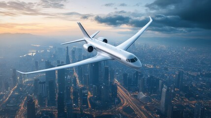 Elegant private jet flying above a modern city skyline during sunset with dramatic clouds in the sky