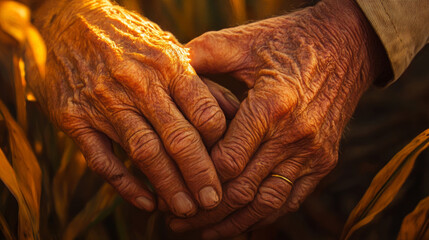 Elderly farmerâ€™s hands closely examine corn crops under the warm hues of a setting sun