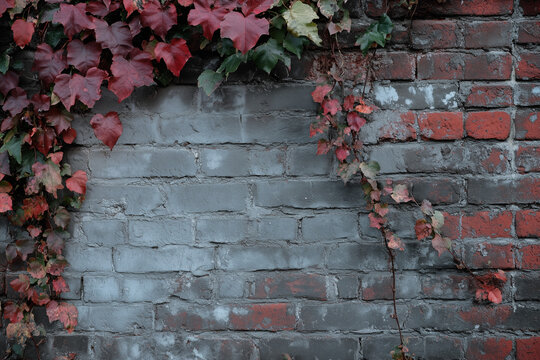 Climbing Ivy with Colorful Autumn Leaves on a Rustic Brick Wall