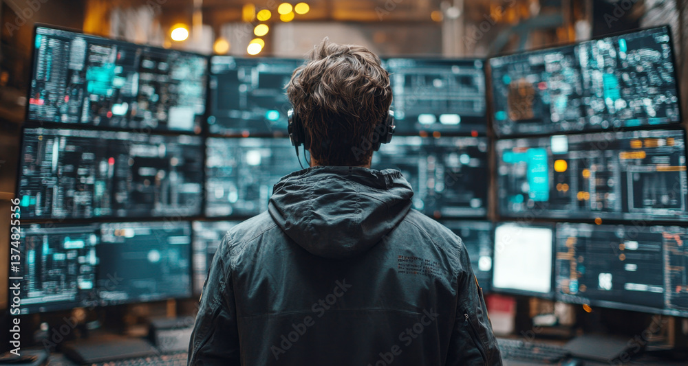 Aufkleber A cybersecurity professional monitors multiple screens filled with data visualizations and alerts, focusing on firewall settings and risk management strategies in a modern office environment.