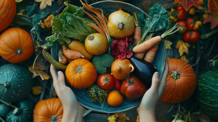 Two hands hold a large plate of assorted vegetables, symbolizing the autumn harvest and organic food abundance