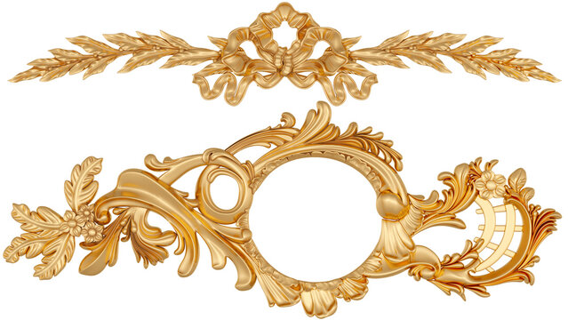 Gold ornament on transparent background, cut out, 3D render