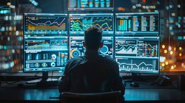 Business analyst monitoring data visualizations and metrics on multiple screens during nighttime analysis