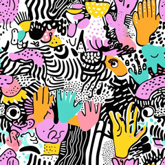 Dive into a vibrant world with this abstract doodle pattern, blending colorful whimsy and bold lines for a fun design.