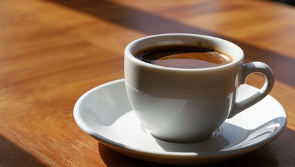 Fototapeta premium Warm cup of coffee on a wooden table in soft natural light