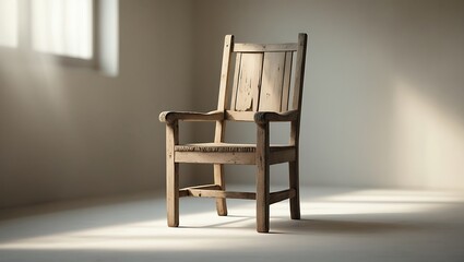 Fototapeta premium Old Wooden Chair in a Minimalist Room, Worn Yet Timeless Design, Natural Light, Rustic Charm