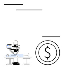 Robot-assisted surgery on a patient in clinical setup with large dollar sign representing healthcare expenses. Ideal for healthcare, technology, innovation, cost, medicine, robotics, economy themes