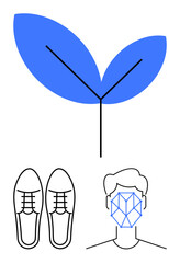 Leaf sprout symbolizing growth, outlined shoes for movement, and stylized facial recognition pattern. Ideal for sustainability, innovation, AI, tech, growth biometrics personal progression. Flat