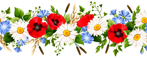 Horizontal seamless border with white daisies, red poppies, blue chicory flowers, and green grass and herbs. Vector floral garland © naddya