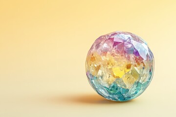 A colorful sphere of fractured crystal sits against soft yellow background