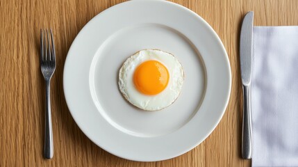 White plate with a fried egg on it. the egg is half-boiled and has an orange yolk in the center.