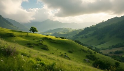 Fototapeta premium Emerald Valley: A sweeping vista of rolling green hills, embraced by majestic mountains under a dramatic, cloud-filled sky, embodying tranquility and natural beauty.