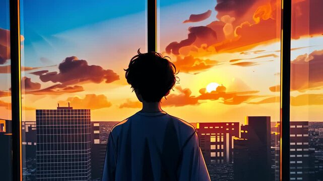 A digital artwork captures a happy male character gazing at the bustling cityscape, embodying love and small joys.
