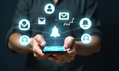 Alert notification concept. Push Notifications, Web Reminders, Time Table and Announcements. Person using smartphone with notification icon on virtual screen