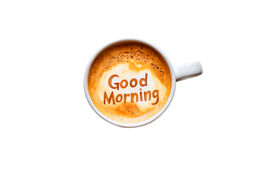 Morning coffee with a cheerful message isolated on transparent background - Powered by Adobe