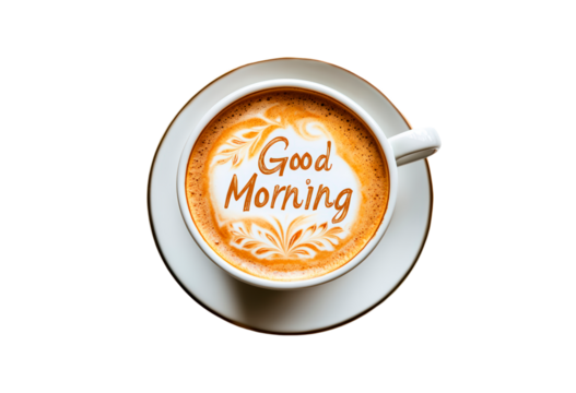 Coffee cup with latte art displaying the message good morning isolated on transparent background