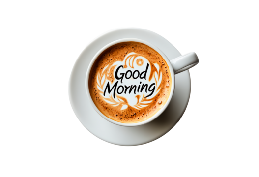 Coffee cup with latte art displaying the message good morning isolated on transparent background