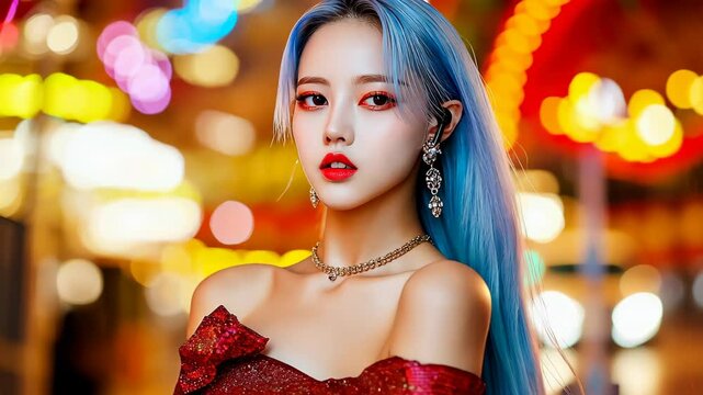 A vibrant yearold girl idol with blue hair and headphones, sipping coffee in a colorful caf, surrounded by bokeh lights.
