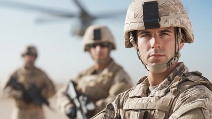 Fototapeta premium Focused soldier portrait with military colleagues in background, showcasing teamwork and readiness in action