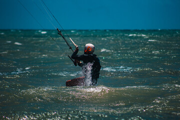 Fototapeta premium Kitesurf Kite Surf Vento Esporte Velejo Praia Preá Ceará Nordeste Brasil Mar Ondas Prancha Atleta Adrenalina Competição Natureza Verão Turismo Verão Ativo Onda Surfar