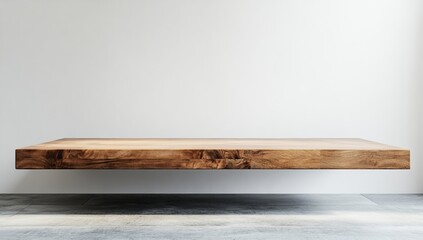 Floating wooden shelf against white wall, modern interior design