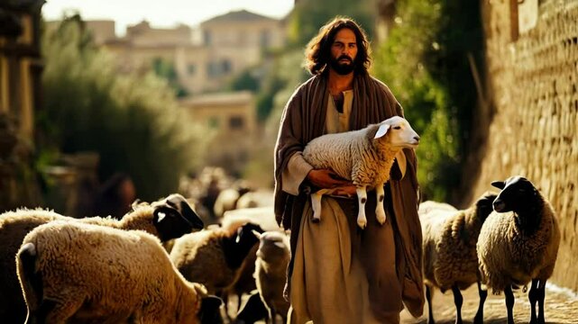 Serene scene of a shepherd jesus holding a sheep amidst a flock in a rustic village setting concept of shepherd jesus and sheep