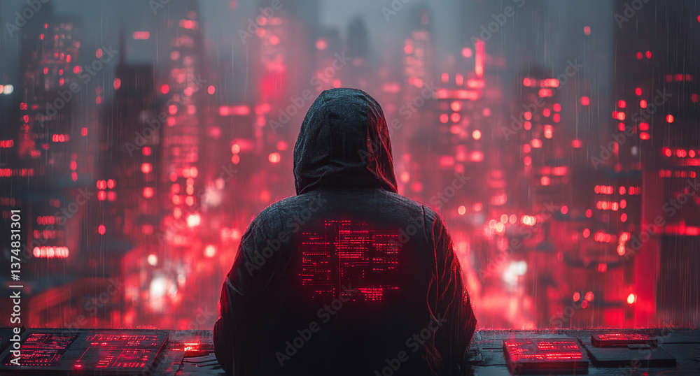 Poster a cybersecurity expert observes potential data breaches while overlooking a neon-lit cityscape at ni