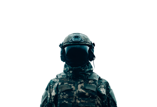 Soldier in modern camouflage gear with tactical goggles and helmet isolated on transparent background